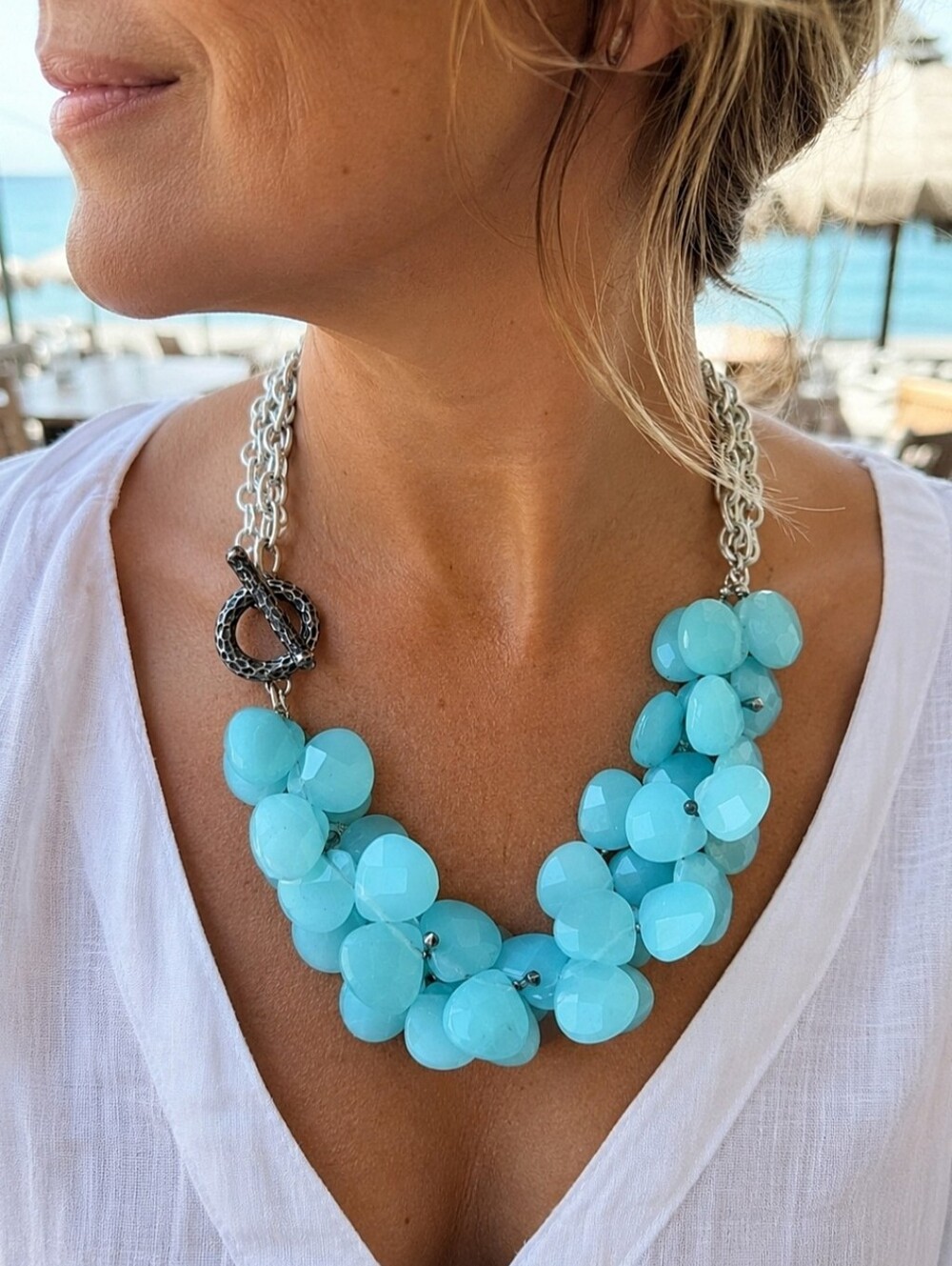Faceted Glass Aqua Blue Teardrop 3 Strand Acrylic Beaded Necklace Silk Wrapped